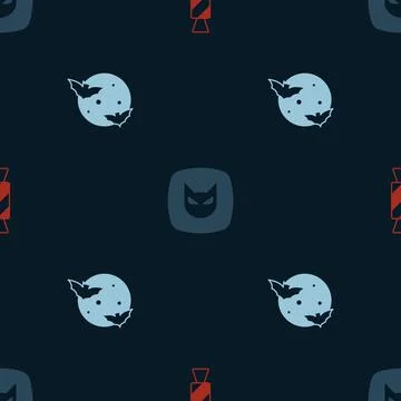 Set Candy, Black cat and Moon stars on seamless pattern. Vector Illustrazione stock