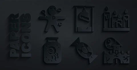 Set Candy, Burning candle, Eye jar, Castle, fortress, Guillotine and Voodoo doll 스톡 일러스트