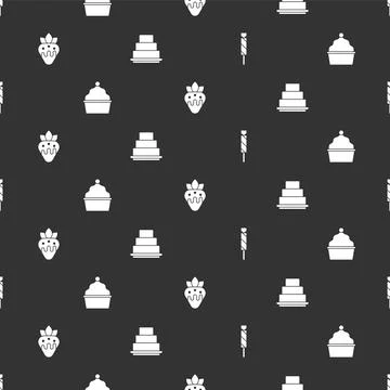 Set Candy, Cake, Strawberry in chocolate and on seamless pattern. Vector Stock Illustration