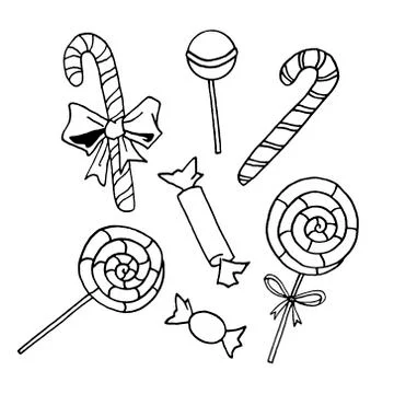 Set of candy cane, sweets, lollipop. New year Xmas holidays outline, doodle,  Stock Illustration