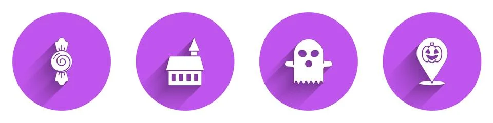Set Candy, Castle, Ghost and Pumpkin icon with long shadow. Vector Illustrazione stock
