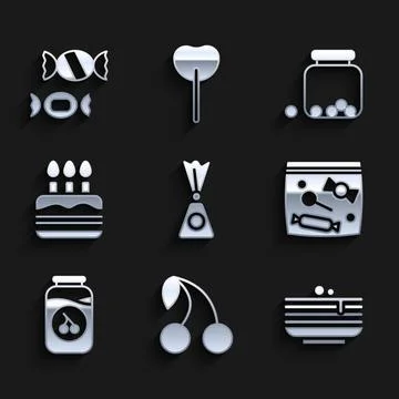 Set Candy, Cherry, Stack of pancakes, packaging for sweets, jam jar, Cake with Stock Illustration