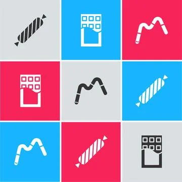 Set Candy, Chocolate bar and Jelly worms candy icon. Vector Stock Illustration
