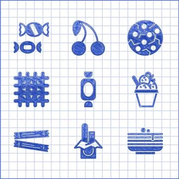 Set Candy, Chocolate bar, Stack of pancakes, Ice cream in bowl, Sugar stick Stock Illustration