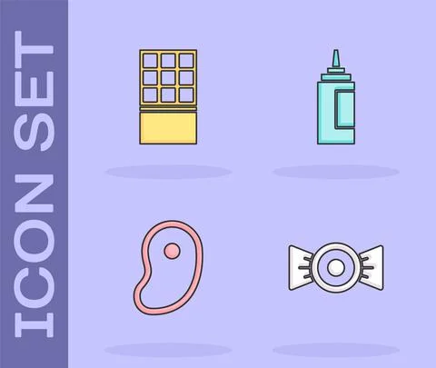 Set Candy, Chocolate bar, Steak meat and Sauce bottle icon. Vector Stock Illustration