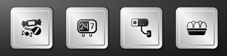 Set Candy, Clock 24 hours, Security camera and Chicken egg in box icon. Silver Stock Illustration