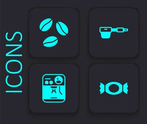 Set Candy, Coffee beans, filter holder and machine icon. Black square button 스톡 일러스트