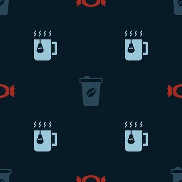 Set Candy, Coffee cup to go and Cup tea with bag on seamless pattern. Vector Stock Illustration