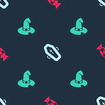 Set Candy, Coffin with cross and Witch hat on seamless pattern. Vector Illustrazione stock