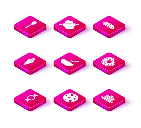 Set Candy, Cookie or biscuit, Pastry bag, Kitchen whisk bowl, Stack of pancakes Stock Illustration