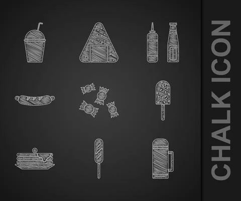 Set Candy, Corn dog, Thermos container, Ice cream, Stack of pancakes, Hotdog Stock Illustration