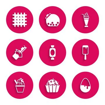 Set Candy, Cupcake, Chocolate egg, Ice cream, in bowl, Bitten chocolate bar Stock Illustration