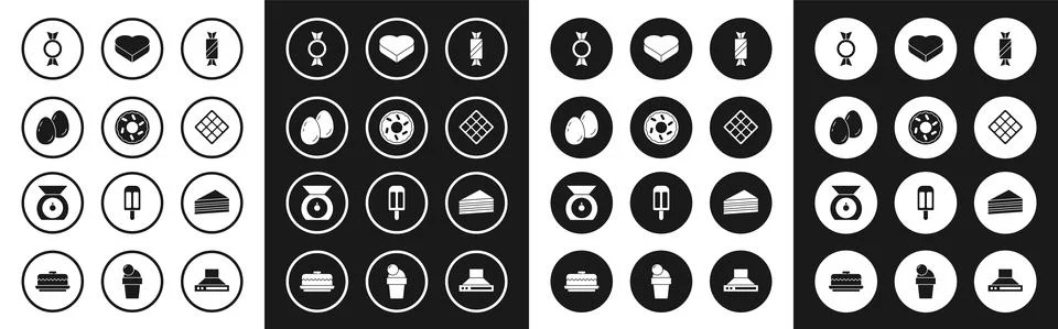 Set Candy, Donut, Easter eggs, Waffle, in heart shaped box, Cake and Scales icon Stock Illustration