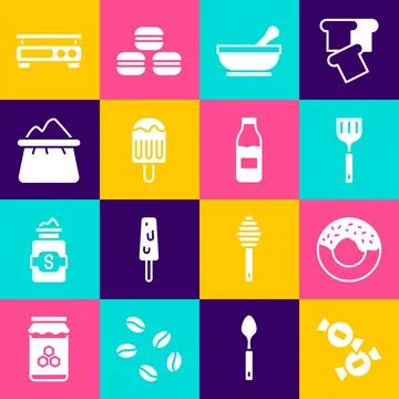 Set Candy, Donut, Spatula, Mortar pestle, Ice cream, Bag of flour, Electron.. Stock Illustration