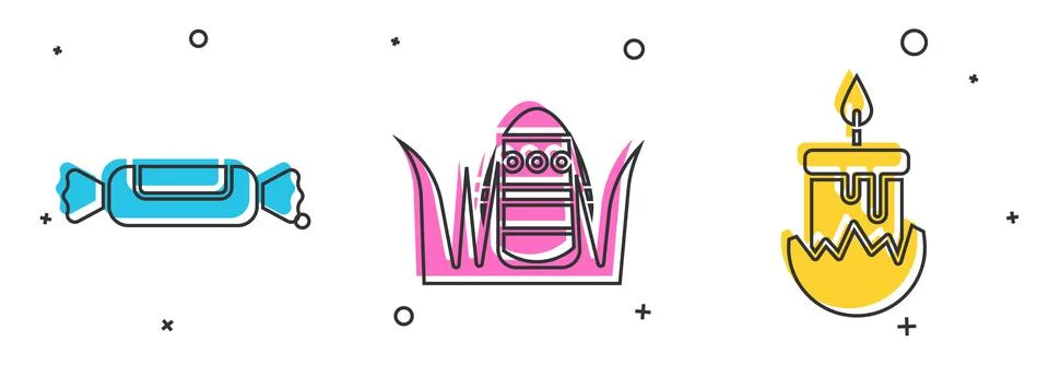 Set Candy, Easter egg and Burning candle icon. Vector イラスト素材