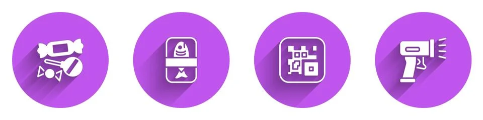 Set Candy, Fish plastic tray container, QR code and Scanner scanning bar icon Stock-Illustration
