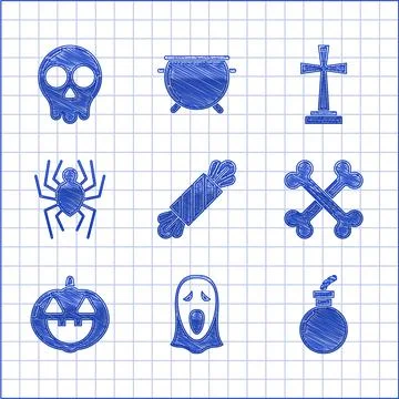 Set Candy, Funny scary ghost mask for Halloween, Bomb ready to explode, Crossed Stock Illustration