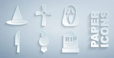 Set Candy Funny scary ghost mask Knife Tombstone with RIP written cross and W Stock Illustration