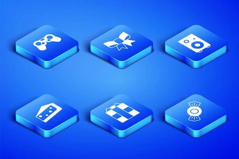 Set Candy, Gamepad, Gift box, Piece of cake, bow and Stereo speaker icon. Vector Illustrazione stock