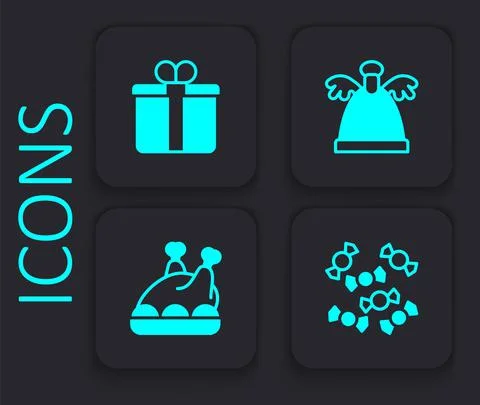 Set Candy, Gift box, Angel and Roasted turkey or chicken icon. Black square Illustrazione stock
