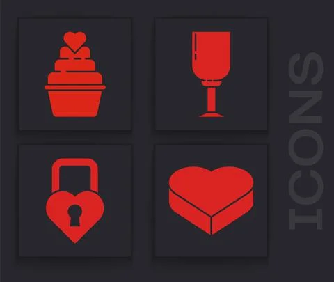 Set Candy in heart shaped box, Wedding cake with heart, Wine glass and Castle in Illustrazione stock