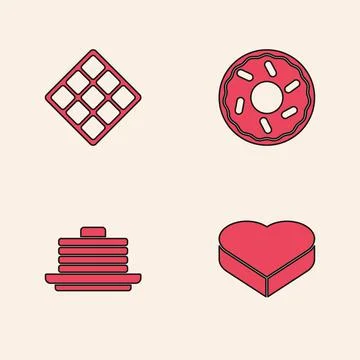 Set Candy in heart shaped box, Waffle, Donut and Stack of pancakes icon. Vector Stockillustratie