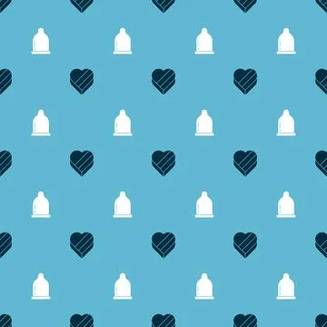Set Candy in heart shaped box and Condom on seamless pattern. Vector Stock-Illustration