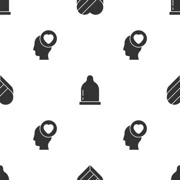 Set Candy in heart shaped box, Condom and Head with on seamless pattern. Vector Stock-Illustration