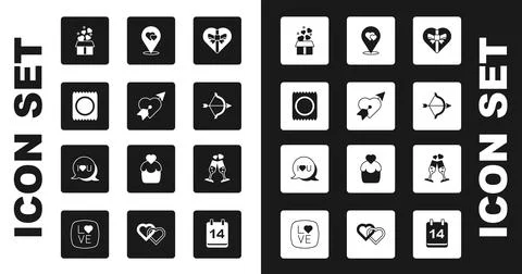 Set Candy in heart shaped box, Amour with arrow, Condom package, Gift hearts Stock-Illustration
