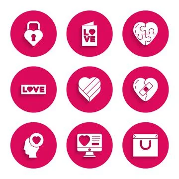 Set Candy in heart shaped box, Dating app online, Shopping bag, Healed broken Illustrazione stock