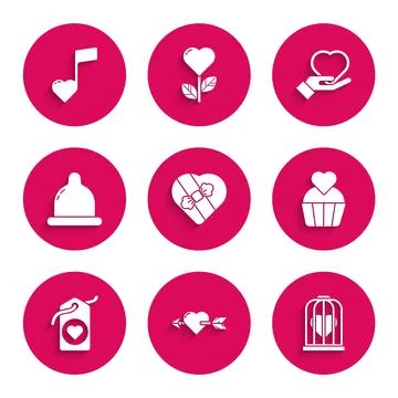 Set Candy in heart shaped box, Amour with arrow, Heart the bird cage, Weddi.. Stock Illustration