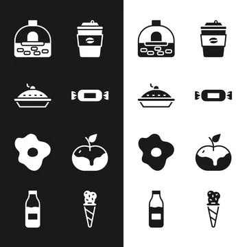Set Candy, Homemade pie, Brick stove, Coffee cup go, Scrambled eggs, Apple in Stock Illustration