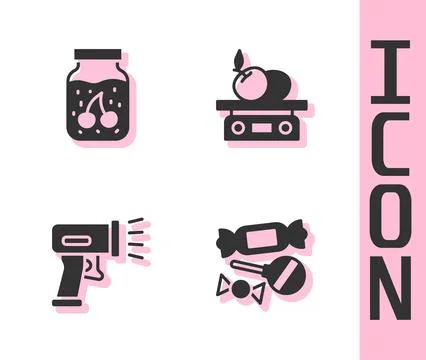 Set Candy, Jam jar, Scanner scanning bar code and Electronic scales for product Stock-Illustration