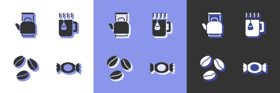 Set Candy, Kettle with handle, Coffee beans and Cup tea bag icon. Vector Illustration
