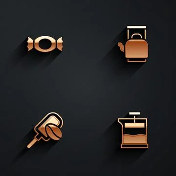 Set Candy, Kettle with handle, Spatula coffee grain and French press icon with Illustration