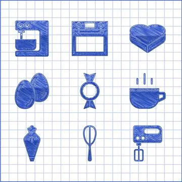 Set Candy, Kitchen whisk, Electric mixer, Coffee cup, Pastry bag, Easter eggs Stock Illustration