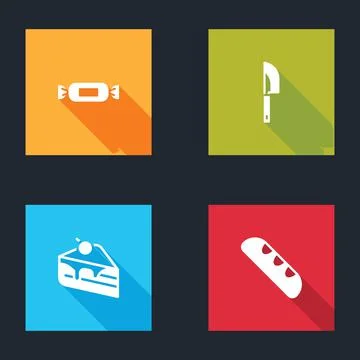 Set Candy, Knife, Piece of cake and French baguette bread icon. Vector Stock Illustration