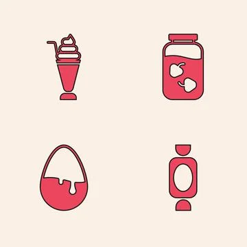 Set Candy, Milkshake, Strawberry jam jar and Chocolate egg icon. Vector Stock Illustration