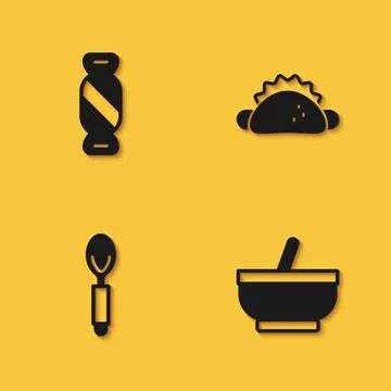 Set Candy, Mortar pestle, Spoon and Taco with tortilla icon with long shadow Ilustração Stock