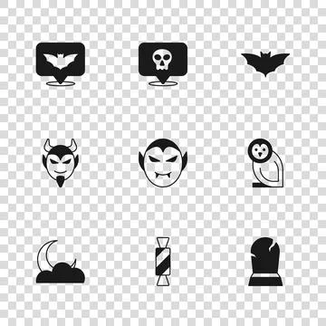 Set Candy, Owl bird, Tombstone with RIP written, Vampire, Flying bat, Skull.. 스톡 일러스트