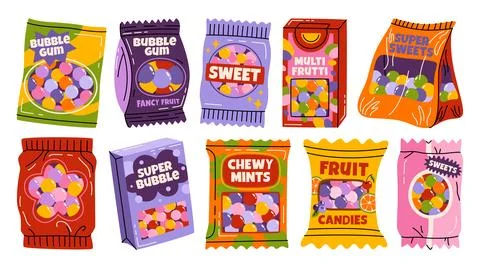 Set of candy packaging with bubble gum balls, fruit sweets and chewy mints. Stockillustratie