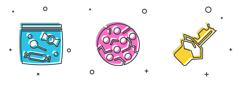 Set Candy packaging for sweets, Cookie biscuit and Bitten chocolate bar icon Illustrazione stock