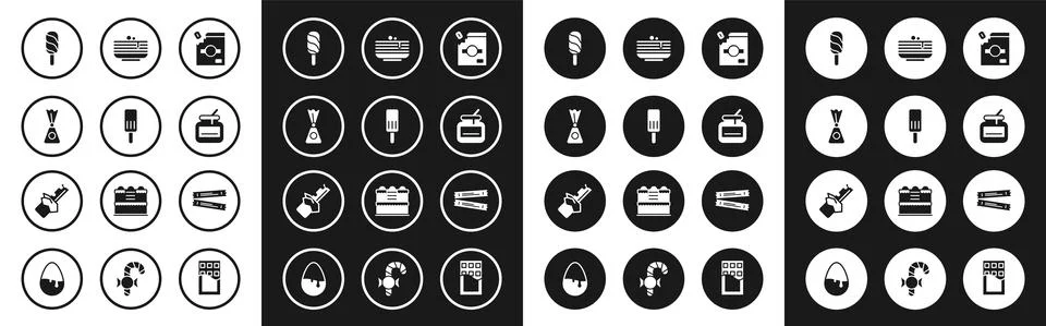 Set Candy packaging for sweets, Ice cream, Jar of honey, Stack pancakes, Sugar 스톡 일러스트