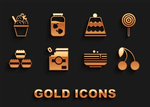 Set Candy packaging for sweets, Lollipop, Cherry, Stack of pancakes, Macaron Stock Illustration