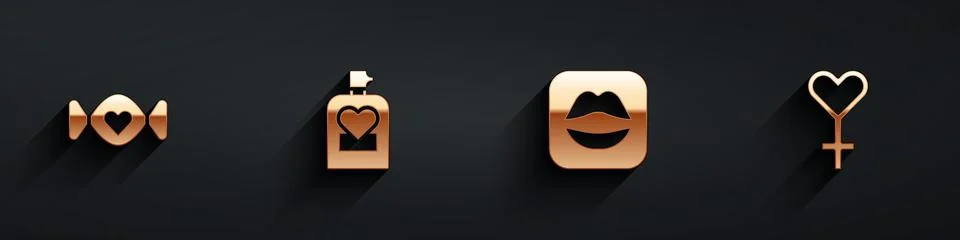 Set Candy, Perfume, Smiling lips and Female gender symbol icon with long shadow Stock-Illustration