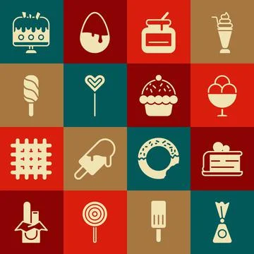 Set Candy, Piece of cake, Ice cream in bowl, Jar honey, Lollipop, Cake plate and イラスト素材