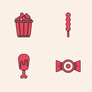 Set Candy, Popcorn in box, Lollipop and Chicken leg icon. Vector Stock Illustration