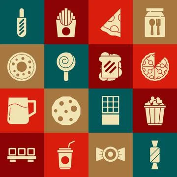 Set Candy, Popcorn in box, Pizza, Slice of pizza, Lollipop, Donut, Hotdog s.. Stock Illustration