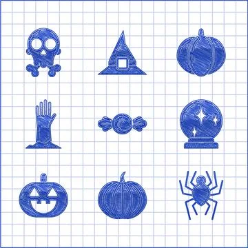 Set Candy, Pumpkin, Spider, Magic ball, Zombie hand, and Skull on crossbones Stock-Illustration