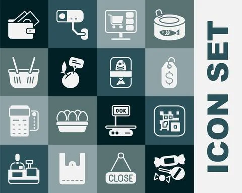 Set Candy, QR code, Price tag with dollar, Shopping cart on computer Stock Illustration